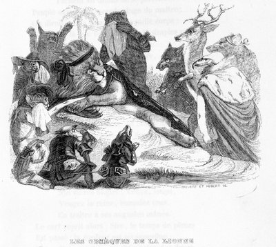 Begravelsen til løvinnen - i "" Fables de La Fontaine"" ill. av Grandville av Grandville