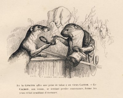 En sivet tilbyr en klype tobakk til en gammel bever, grisen bak ham prøver å holde seg inne. Miniatyrbilder illustrert av JJ Granville. Gravering signert Andrew Best og Leloir i prologen med tittelen "Parlamentary Summary" skrevet av PJ Stahl i "Scener" av Grandville