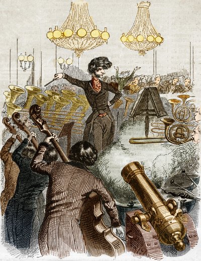 En konsert har et maskingevær. Tegneserie av Hector Berlioz som dirigerer et orkester. I "" Jerome Paturot på jakt etter en sosial posisjon"" illustrert av Grandville. av Grandville