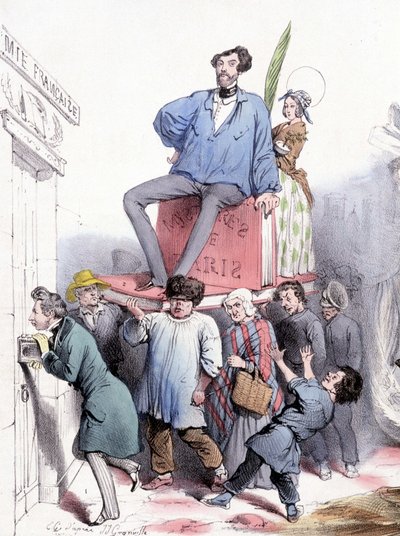 Alfred de Vigny banker på døren til akademiet med sine komplette verk, og Eugène Sue, sittende på "" Les mystères de Paris"", kledd i prins Rodolphes blå lerretspalett - av Grandville, i "" Le Charivari""" av 21.02.1844 av Grandville
