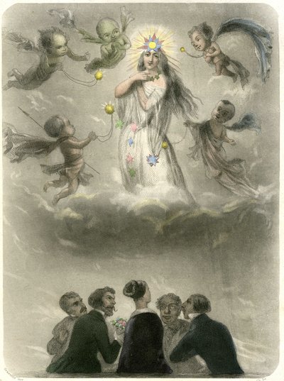 Allegorie einer jungen Frau, umgeben von 4 Seufzern, die sich mit einem Planeten vergleicht, um den vier Satelliten kreisen, von denen einer ihre Sonne wird. Grandville-Stich zur Illustration eines Kapitels in Merys Buch: „Die Sterne“ von Grandville (1803-47)