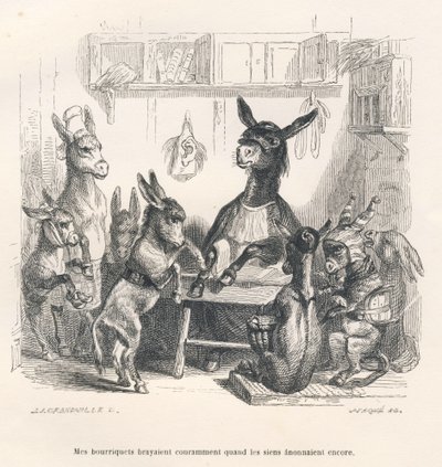 Esler på skolen. Miniatyrbilder illustrert av JJ Granville. Gravering signert Caque i delen med tittelen "Guide-esel for bruk av dyr som ønsker å oppnå heder" skrevet av Honore De Balzac i "Scener fra dyrenes private og offentlige liv". Paris av Grandville