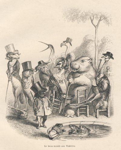 Dyr i elegante antrekk går rundt i Tuileriene. Miniatyrbilder illustrert av JJ Granville. Gravering signert Andrew, Best og Leloir i delen "History of a Hare" skrevet av PJ Stahl i "Scener fra dyrenes private og offentlige liv". Vedde av Grandville