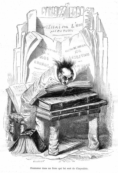 Karikatur: Chrysalid eines Gelehrten, der in den Büchern einer Bibliothek begraben ist - Grandville-Gravur, aus dem Buch Privat- und öffentliches Leben der Tiere, Hetzel-Ausgabe 1867 von Grandville (1803-47)
