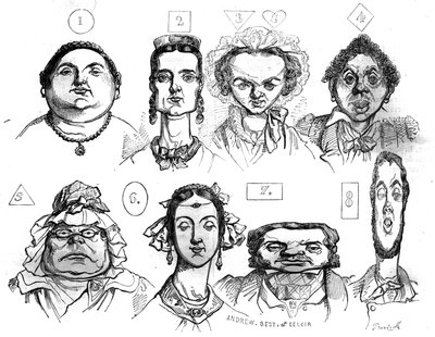 Tegneserier som illustrerer de forskjellige ansiktsformene, uttrykkene, assosierer dem med distinkte moralske egenskaper av Jean Ignace Isidore Gerard Grandville (1803 -1847). I "" Den pittoreske butikken"" 1835 av Grandville