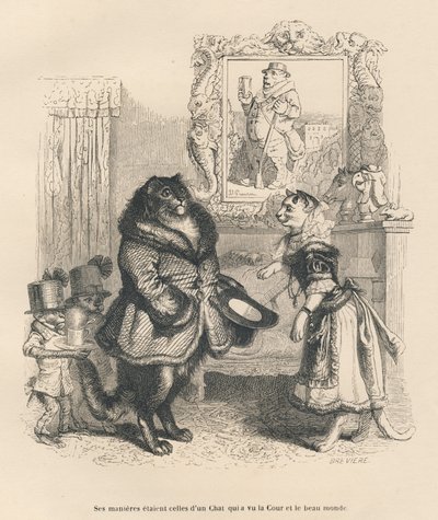 Hofkatt som hilser på en ung hunnkatt. Miniatyrbilder illustrert av JJ Granville. Gravering signert Breviere i delen med tittelen "Court pains of an English cat" skrevet av Honore de Balzac i "Scener fra dyrenes private og offentlige liv". Paris, J av Grandville