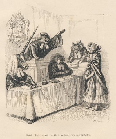 Katt som forsvarer seg i en domstol bestående av en enhjørning, en katt, en hund og en ulv. Miniatyrbilder illustrert av JJ Granville. Gravering signert Breviere i delen med tittelen "Court pains of an English cat" skrevet av Honore de Balzac i "Sc av Grandville