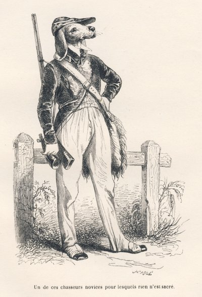 Hund i jaktklær. Miniatyrbilder illustrert av JJ Granville. Gravering signert Caque i delen med tittelen "Memories of an old crow" skrevet av PJ Stahl i "Scener fra dyrenes private og offentlige liv". Paris, J. Hetzel og Paulin av Grandville