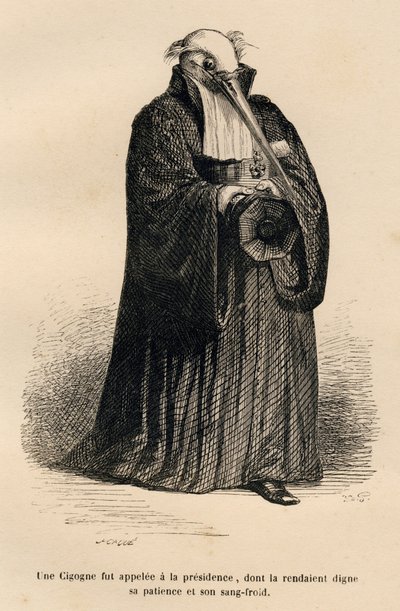 Stork i dommer. Miniatyrbilder illustrert av JJ Granville. Gravering signert Caque i delen med tittelen "Criminal Court of Animal Justice" skrevet av Emile de La Bedolliere i "Scener fra dyrenes private og offentlige liv". Paris, J. Hetzel og Paulin av Grandville