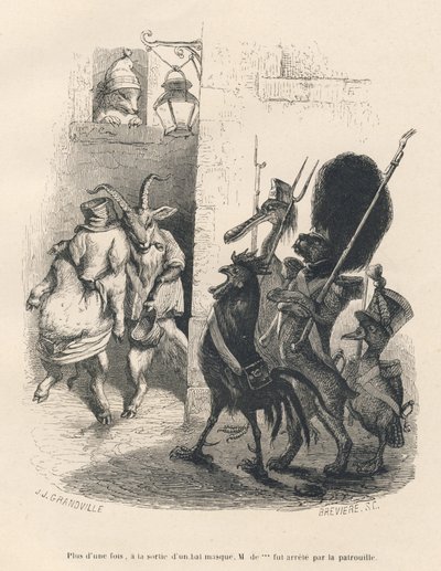Beruset gris og geit krysser en patrulje bestående av en hund, en hane, en and og en pelikan. Miniatyrbilder illustrert av JJ Granville. Gravering signert Breviere i delen med tittelen "Memories of a crocodile" skrevet av Emile de La Bedolliere av Grandville