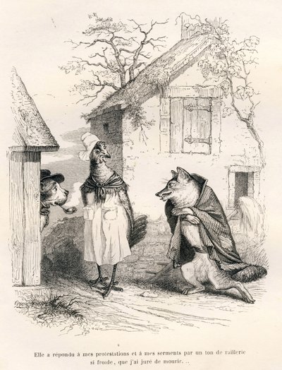 Samtale mellom en hund, en høne og en rev. Vignetter illustrert av JJ Granville. Gravering signert Godard i delen med tittelen "En rev fanget i en felle" skrevet av Charles Nodier i "Scener av dyrenes private og offentlige liv". Paris, J.H av Grandville
