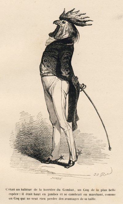 Hane vant til den stolte kjøpmannskampbarrieren. Miniatyrbilder illustrert av JJ Granville. Gravering signert Caque i delen "Story of a Hare" skrevet av PJ Stahl i "Scener fra dyrenes private og offentlige liv". Paris, J. Hetzel og Paulin av Grandville