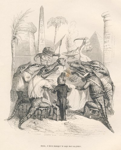 Krokodiller rundt et bord i Egypt. Miniatyrbilder illustrert av JJ Granville. Gravering signert Andrew, Best og Leloir i delen med tittelen "Memories of a crocodile" skrevet av Emile de La Bedolliere i "Scener fra dyrenes private og offentlige liv". av Grandville