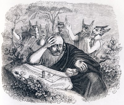 Demokrit (460-370 f.Kr.). og abderitanerne. (Brev fra Hippokrates) - Fabler av La Fontaine av Grandville