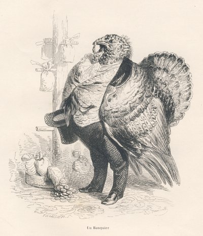 Tyrkia som bankmann. Miniatyrbilder illustrert av JJ Granville. Gravering signert Tamisier i delen med tittelen "Memories of an old crow" skrevet av PJ Stahl i "Scener fra dyrenes private og offentlige liv". Paris, J. Hetzel og Paulin av Grandville