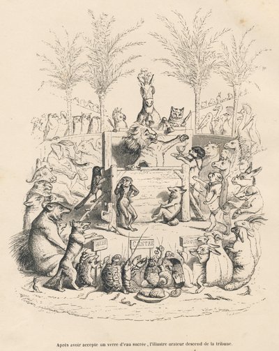 Løvens politiske tale på en tribune omgitt av alle de andre dyrene. Miniatyrbilder illustrert av JJ Granville. Gravering signert Godard i prologen med tittelen "Parlamentary Summary" skrevet av PJ Stahl i "Scenes de la vie privee et publique des an av Grandville