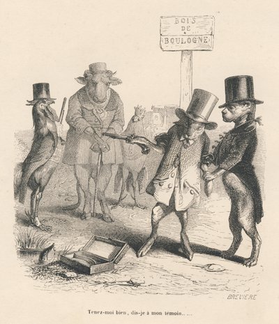 Duell i Bois de Boulogne. Miniatyrbilder illustrert av JJ Granville. Gravering signert Breviere i delen "Story of a hase" skrevet av PJ Stahl i "Scener fra dyrenes private og offentlige liv". Paris, J. Hetzel og Paulin av Grandville