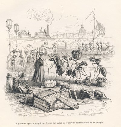 Maur i full aktivitet ved bredden av Seinen. Miniatyrbilder illustrert av JJ Granville. Gravering signert Porret i delen med tittelen "Journey of a sparrow from Paris" skrevet av George Sand i "Scener fra dyrenes private og offentlige liv". Paris, av Grandville