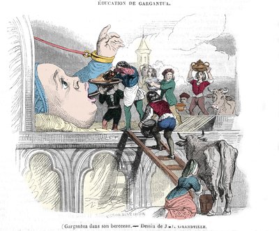 Gargantua-karakteren til romanene av Francois Rabelais (1483-1553), fransk forfatter: "" Utdannelsen til Gargantua""" Gargantua i vuggen hans. Illustrasjon av Gerard Grandville (1803-1847) 1800-tallet av Grandville