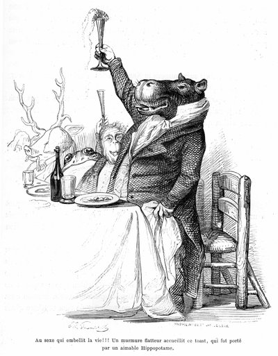 Grandville-Gravur, aus dem Buch „Privates und öffentliches Leben der Tiere“ (Les animaux peints par eux-mêmes), Ausgabe Hetzel 1867 - Nilpferd an einem Tisch bei einem Bankett, das sein Glas erhebt und einen Toast ausbringt. Legende: Geschlecht, das das Le von Grandville (1803-47)