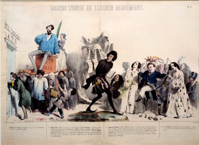 Flott løp til det akademiske klokketårnet. Forfatterne Alfred de Vigny (1797-1863), Eugene Sue (1804-1857), Alexandre Dumas (1802-1870) og Honore de Balzac (1799-1850) er anerkjent. Gravering av Gerard Grandville (1803-1847) av Grandville