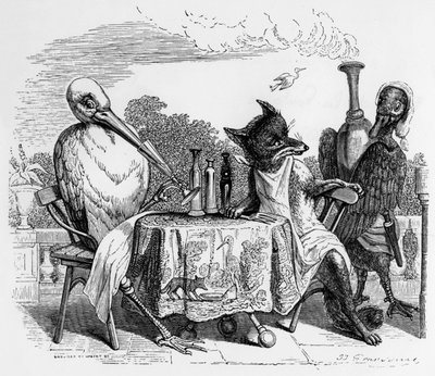 La Fontaines Fabel (von Jean de La Fontaine): Der Fuchs und der Storch, Stich von J.J. Grandville, ca. 1838-40 von Grandville (1803-47)
