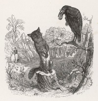 La Fontaines Fabel: Der Rabe und der Fuchs, ca. 1860 von Grandville (1803-47)