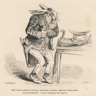 Kanin som junioransatt i et departement. Miniatyrbilder illustrert av JJ Granville. Gravering signert Breviere i delen "Story of a hase" skrevet av PJ Stahl i "Scener fra dyrenes private og offentlige liv". Paris, J. Hetzel og Paulin av Grandville