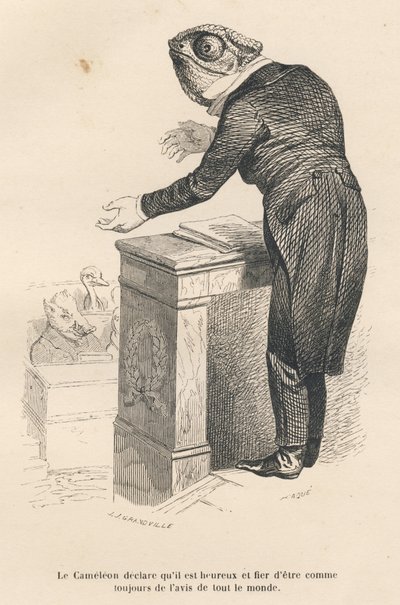 Kameleonen erklærer at han er glad og stolt over å være etter alles mening som alltid. Miniatyrbilder illustrert av JJ Granville. Gravering signert Caque i prologen med tittelen "Parlamentary Summary" skrevet av PJ Stahl i "Scenes de la vie privee et av Grandville