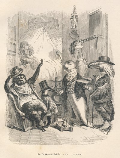 Dovendyret gjespet mens han ventet. Vignetter illustrert av JJ Granville. Gravering signert Godard i delen med tittelen "Les Animaux medecins" skrevet av Pierre Bernard i "Scener av dyrs private og offentlige liv". Paris, J. Hetzel og Paulin av Grandville