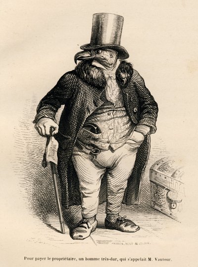 Gribben som eiendomsbesitter. Miniatyrbilder illustrert av JJ Granville. Gravering signert Andrew, Best og Leloir i delen "History of a Hare" skrevet av PJ Stahl i "Scener fra dyrenes private og offentlige liv". Paris, J. Hetzel og Paulin av Grandville
