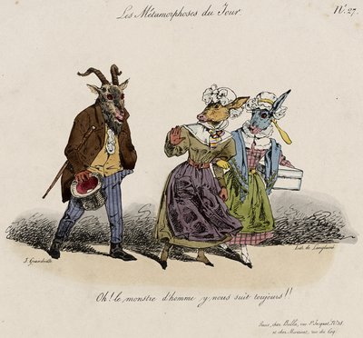 Les Metamorphoses du Jour, nr. 27 (håndfarget litho) av Grandville