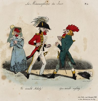 Les Metamorphoses du Jour, nr. 8 (håndfarget litho) av Grandville