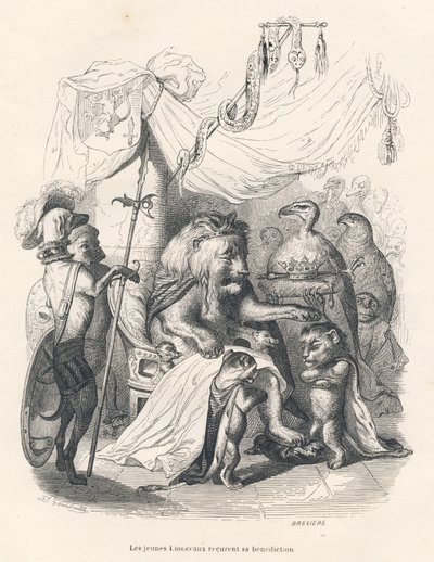 Unge løveunger mottar løvekongens velsignelse. Vignetter illustrert av JJ Granville. Gravering signert Breviere i delen med tittelen "Voyage of an African lion in Paris" skrevet av Honore de Balzac i "Scenes de la vie privee et publique des av Grandville