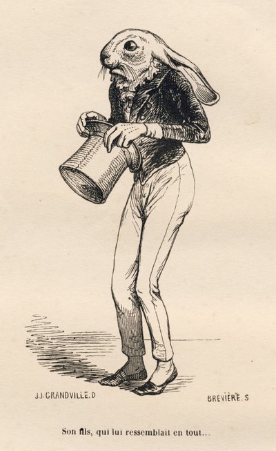 Feig hare i dandy kostyme. Miniatyrbilder illustrert av JJ Granville. Gravering signert Breviere i delen "Story of a hase" skrevet av PJ Stahl i "Scener fra dyrenes private og offentlige liv". Paris, J. Hetzel og Paulin av Grandville