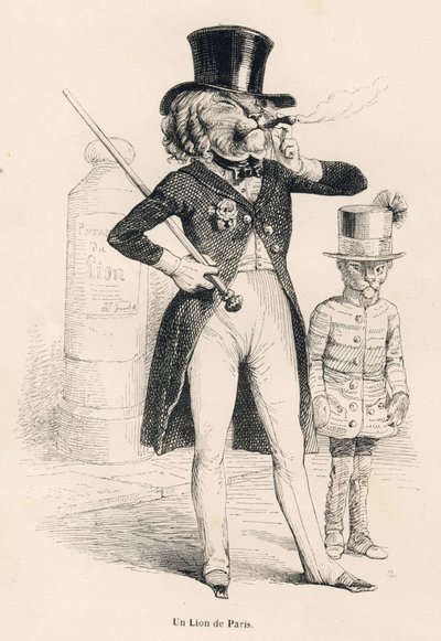 Løve av Paris. Miniatyrbilder illustrert av JJ Granville. Gravering signert Andrew, Best og Leloir i delen med tittelen "Journey of an African lion to Paris" skrevet av Honore de Balzac i "Scener fra dyrenes private og offentlige liv". Paris, J. Hetzel og av Grandville