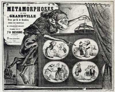 Litteratur. The Daily Metamorphosis, av karikaturtegneren Jean Jacques Grandville. Plakat, Frankrike av Grandville