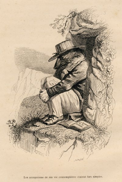 Loup forskanset seg i sin kontemplative ensomhet. Miniatyrbilder illustrert av JJ Granville. Gravering signert Caque i delen med tittelen "Bjørnen eller brevet skrevet fra fjellet" skrevet av L. Baude i "Scener fra dyrenes private og offentlige liv". Paris av Grandville