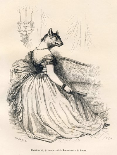 Ulv, sittende i en lenestol. Miniatyrbilder illustrert av JJ Granville. Gravering signert Breviere i delen med tittelen "Journey of a sparrow from Paris" skrevet av George Sand i "Scener fra dyrenes private og offentlige liv". Paris, J. Hetzel og Paulin av Grandville