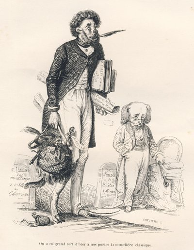 Vi tok veldig feil når vi fratok våre diktere den klassiske snuten. Vignetter illustrert av JJ Granville. Gravering signert Breviere i delen med tittelen "Le premier feuilleton de Pistolet" skrevet av Jules Janin i "Scener fra årenes private og offentlige  av Grandville