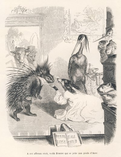 Opera med et piggsvin, en hund og en hegre på scenen. Vignetter illustrert av JJ Granville. Gravering signert Godard i delen med tittelen "Den første pistolserien" skrevet av Jules Janin i "Scener av dyrenes private og offentlige liv". av Grandville