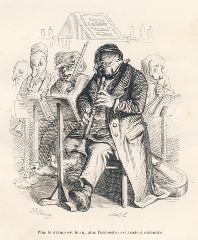 Orkester med en hund som spiller på fløyte med kyllinger som kommer ut av musikkinstrumentet. Miniatyrbilder illustrert av JJ Granville. Gravering signert Caque i delen med tittelen "The first serial of Pistolet" skrevet av Jules Janin i "Scenes de l av Grandville