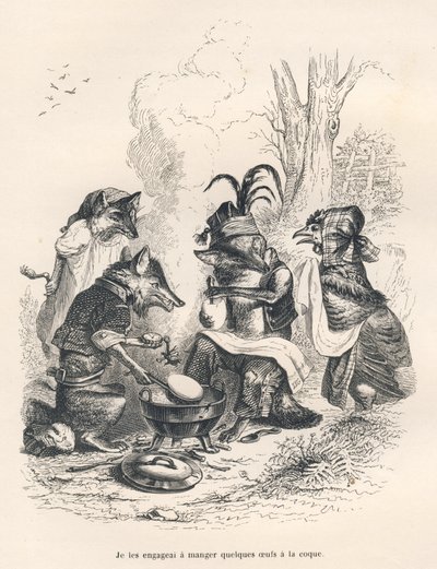 Rever som spiser haneegg foran en gråtende høne. Vignetter illustrert av JJ Granville. Gravering signert Godard i delen med tittelen "En rev fanget i en felle" skrevet av Charles Nodier i "Scener av dyrenes private og offentlige liv". av Grandville