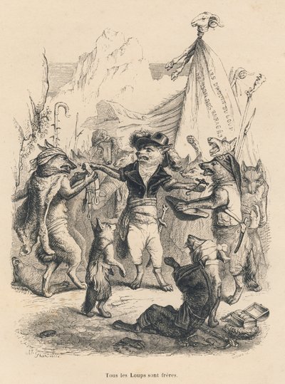 Ulvenes revolusjon og ulvens frihet og rett. Vignetter illustrert av JJ Granville. Gravering signert Godard i delen med tittelen "Voyage d
