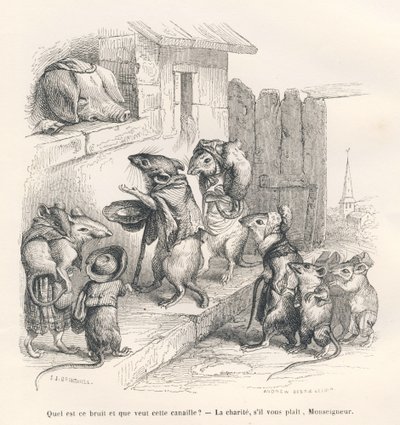 Mus gjør veldedighet til en gris. Vignetter illustrert av JJ Granville. Gravering signert Andrew, Best og Leloir i delen med tittelen "The philosopher rat" skrevet av Edouard Lemoine i "Scenes of the private and public life of animals". Paris, J. Hetz av Grandville
