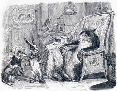 Katten, veslen og den lille kaninen (Le chat, la belette et le petit lapin) - Fabler av La Fontaine av Grandville
