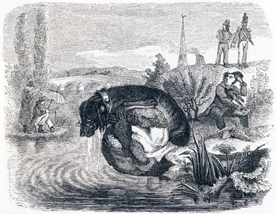Hunden som gir fra seg byttet for skyggen - Fables av La Fontaine av Grandville