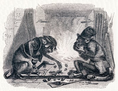 Eselet og katten (Le singe et le chat) - Fabler av La Fontaine av Grandville