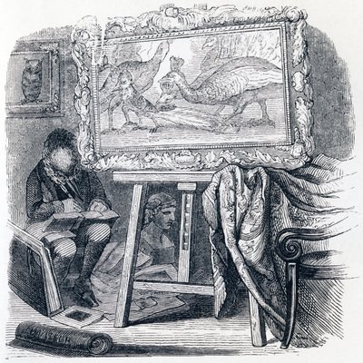 Jay pryder med påfuglfjær (Le geai pare des plumes du paon) - Fables av La Fontaine av Grandville