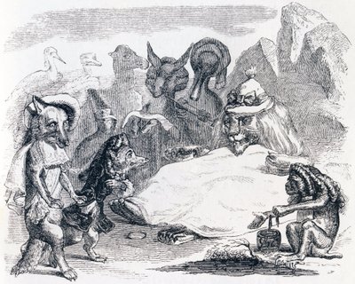 Løven, ulven og reven (le lion, le loup et le renard) - Fabler av La Fontaine av Grandville